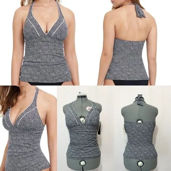 Profile By Gottex NWT Sz 14 Black White Colette V-Neck Halter Tankini Swim Top